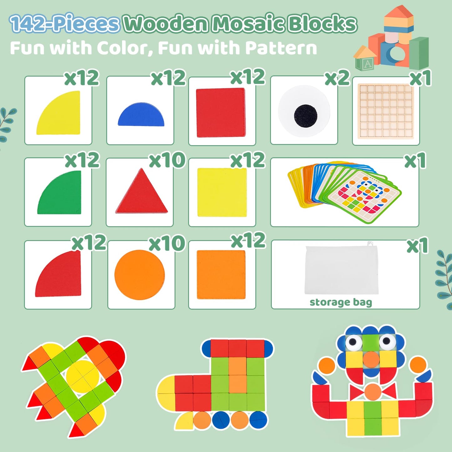 Wooden Pattern Blocks with Grid Board 142PCS Wood Mosaic Tiles Montessori Shape Puzzle Tangrams for Kids with Storage Bag Preschool Educational Toys