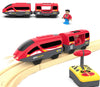 Remote Control Train for Wooden Track - Battery Operated Locomotive with Opening Door, Action Figure, Lights & Sounds, Powerful Engine Compatible