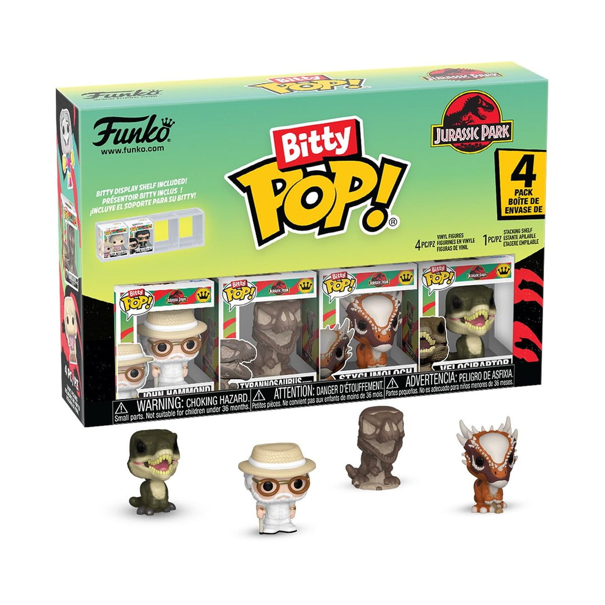 Funko Bitty Pop! Jurassic Park: John Hammond, Tyrannosaurus Fossil, Stygimoloch, and Velociraptor, with a 1 in 6 Chance for a Mystery Figure - 0.9