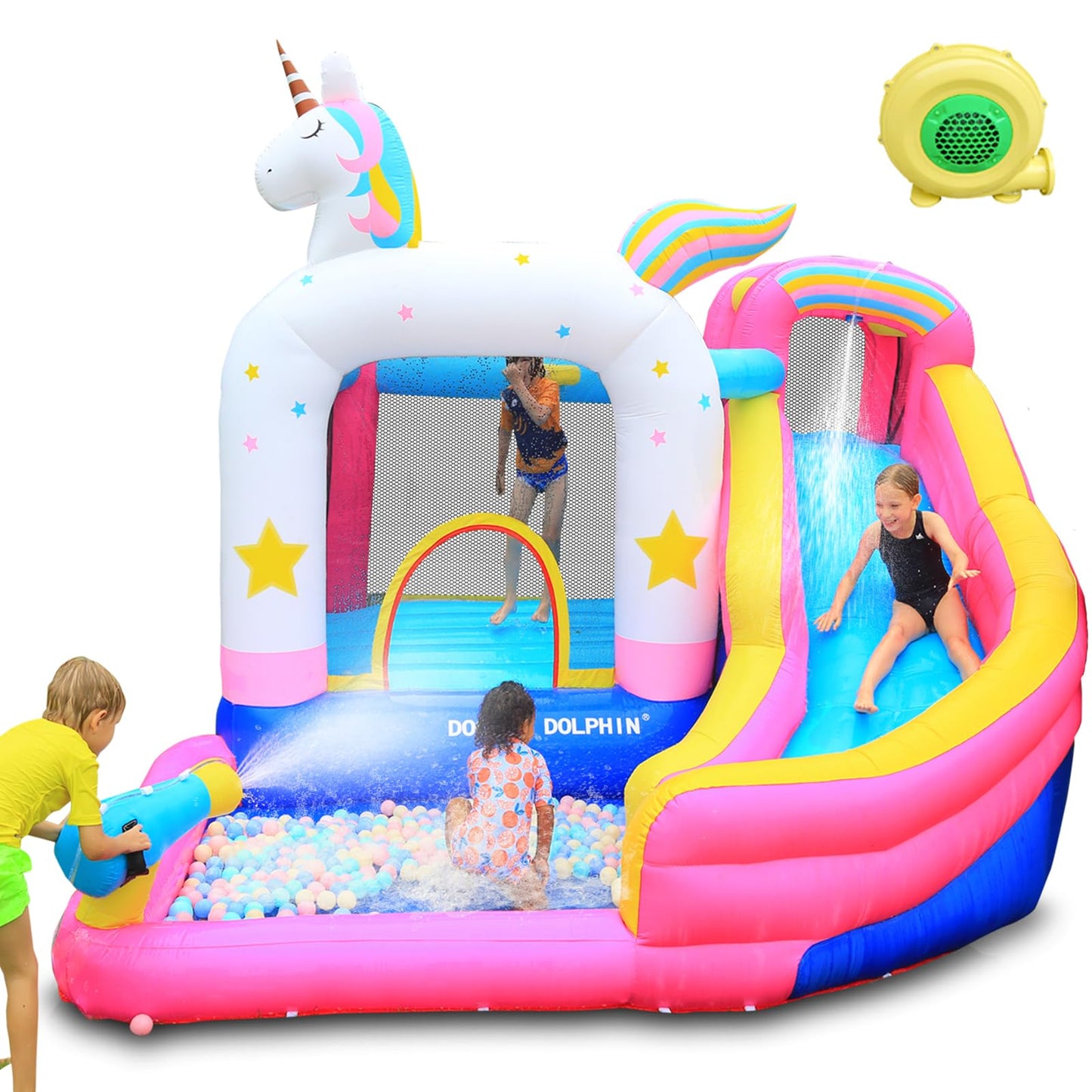 Doctor Dolphin Inflatable Bounce House Water Slides for Kids Backyard, Water Bounce House with Waterslide, Blow Up Kids Bouncy House for Wet