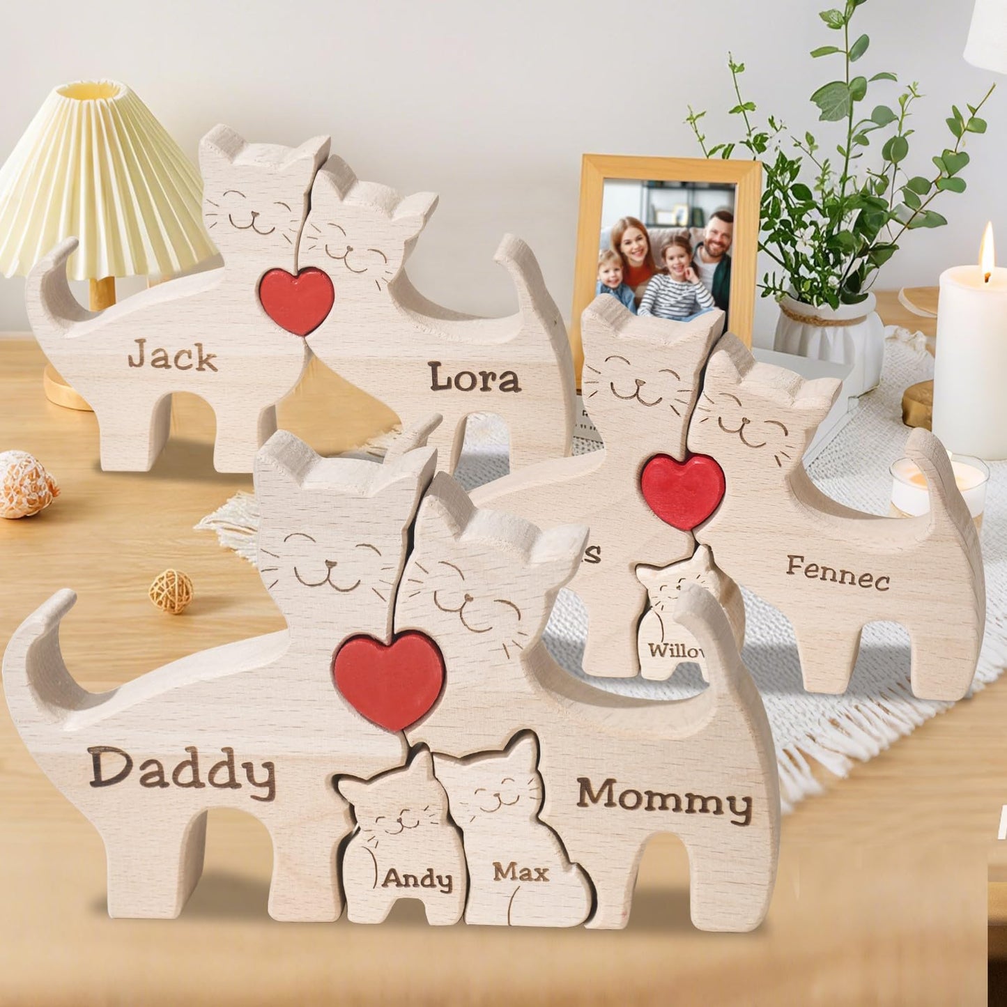 Personalized Bear Family Wooden Art Puzzle, Wooden Bear Jigsaw Puzzle with Heart, Customized Gift for Mom Dad Home Decoration (Popular Cat Gift)