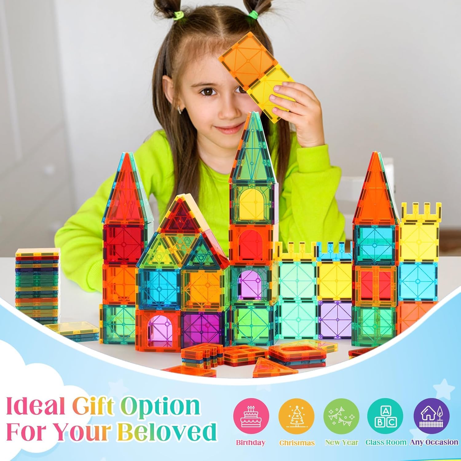OugerToy 104PCS Magnetic Tiles STEM Building Blocks for Kids Ages 3-9, Educational Stacking Toys with Car Bases, Creative Construction Gift for Boys