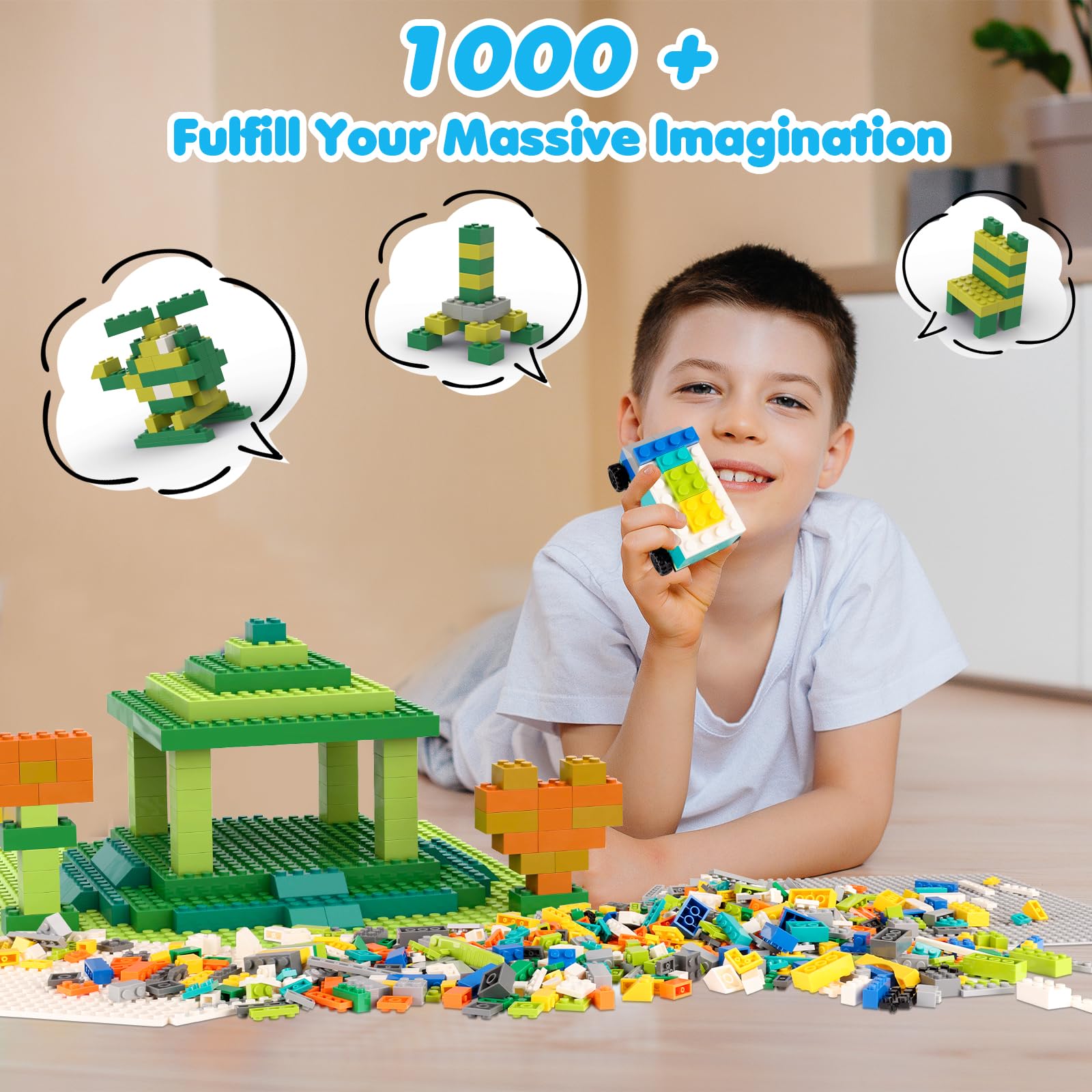 ekuzi 1200 Creative Building Blocks Set Compatible with Major Brands Classic, Includes Dual-Sided and Single-Sided Baseplates, Variety of Accessories