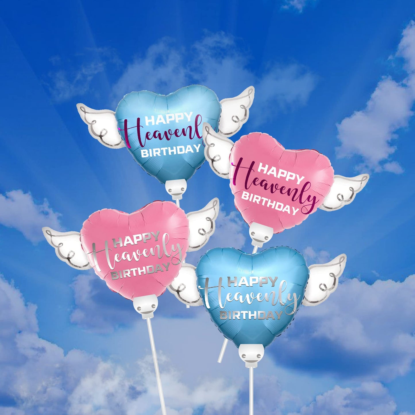 Blue Happy Heavenly Birthday Heart Balloon on a Stick with Angel Wings - Memorial & Remembrance