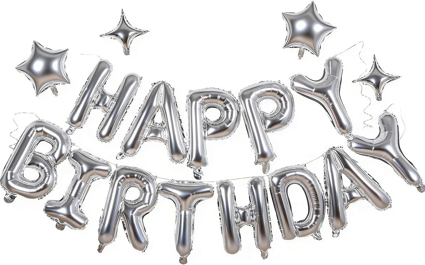 Silver Happy Birthday Banner Balloon Aluminum Foil 16 Inch Letter,10 Inch Five Pointed Star Four Pointed Star Suitable for Kids, Men, Women, Boys