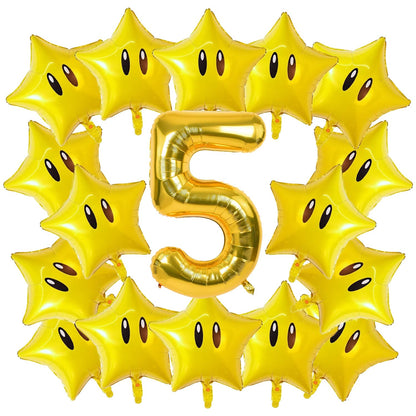 16PCS Foil Star Balloons, 40Inch Number 5 and Star Foil Balloons For Game Theme 5th Birthday Party Decorations Children Party Supply Party Decor ?5th?