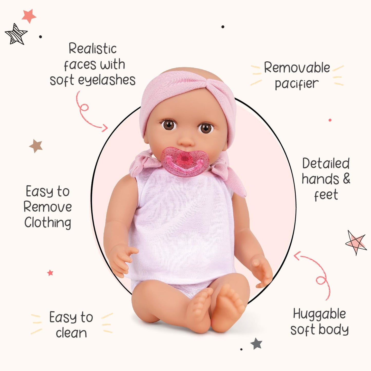 LullaBaby - 14-Inch Doll & Twin Stroller Accessories Set - Foldable Canopy & Storage Basket - Pink & Golden Stars Design - Pretend Play 2+ Years- Doll