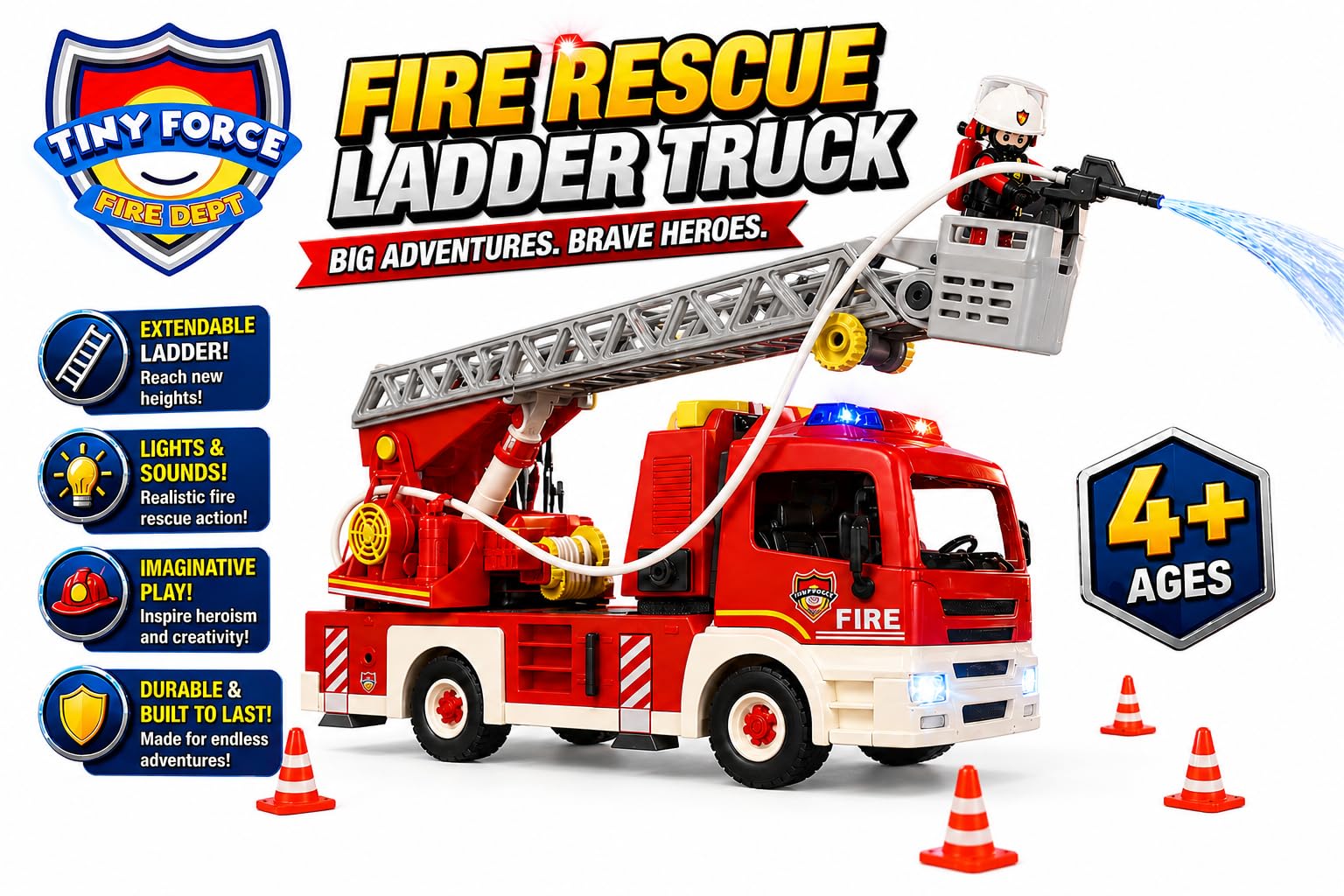 Tiny Force Toy Ladder Fire Truck Toy - Firefighter Fire Truck with Extendable Fire Ladder, Toy Truck for Kids, Perfect Firefighter Gift for Pretend