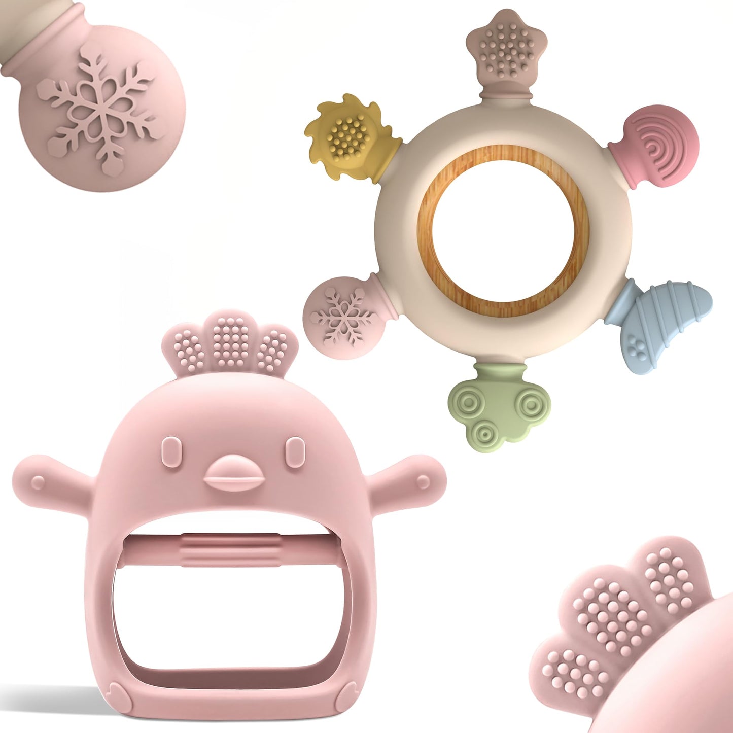 Komfy LilLove 2 Pack Baby Teething Toys for 0-6 & 6-12 Months, Food Grade Silicone Teething Mitten No Drop Teether and Ring Teether, BPA Free