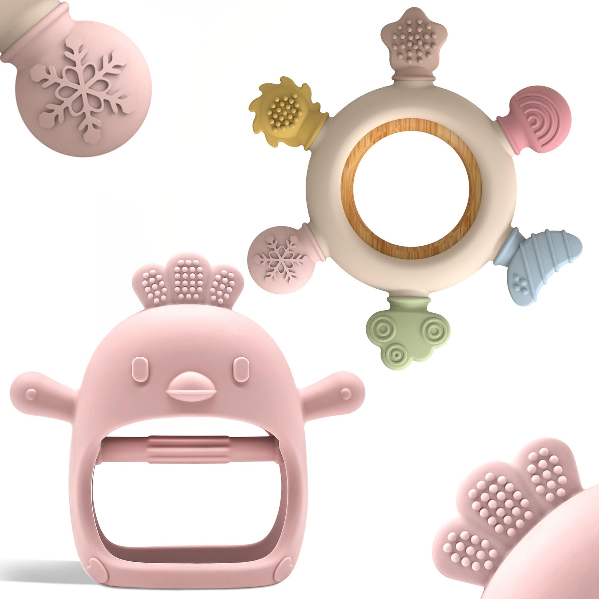 Komfy LilLove 2 Pack Baby Teething Toys for 0-6 & 6-12 Months, Food Grade Silicone Teething Mitten No Drop Teether and Ring Teether, BPA Free