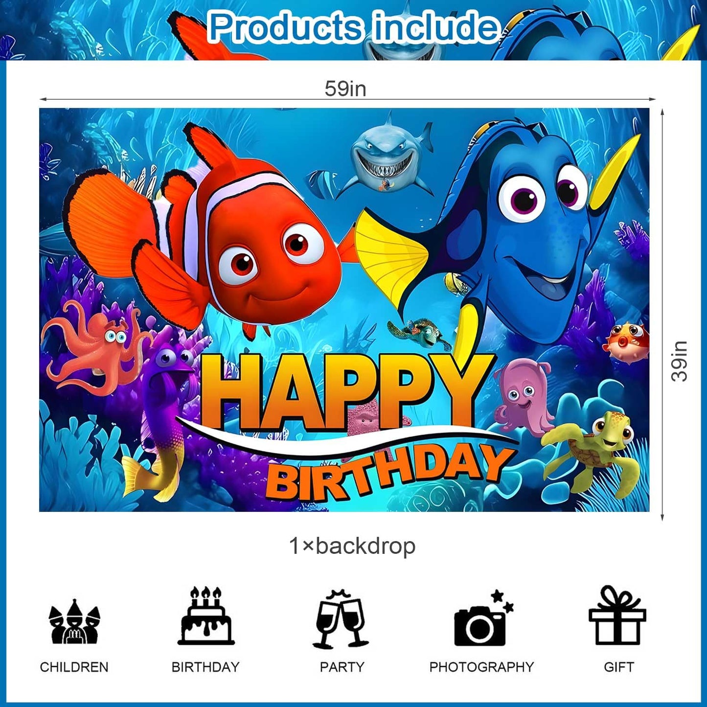 Finding Nemo Birthday Party Backdrop and Decoration Cartoon Ocean Cake Topper Banner Shoot Photo Background Props for Boy Band Boys and Girls - 5x3ft