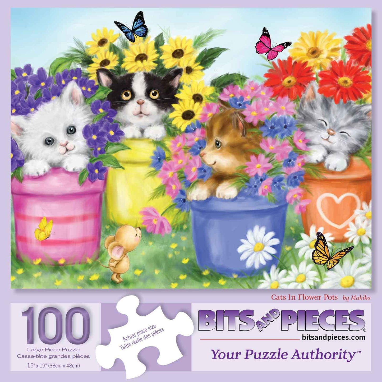 Bits and Pieces - Large 100 Piece Jigsaw Puzzle for Adults - Cats in Flower Pots - Kitten Colorful Bloom Butterfly Sweet Cute Garden Jigsaw Puzzle by