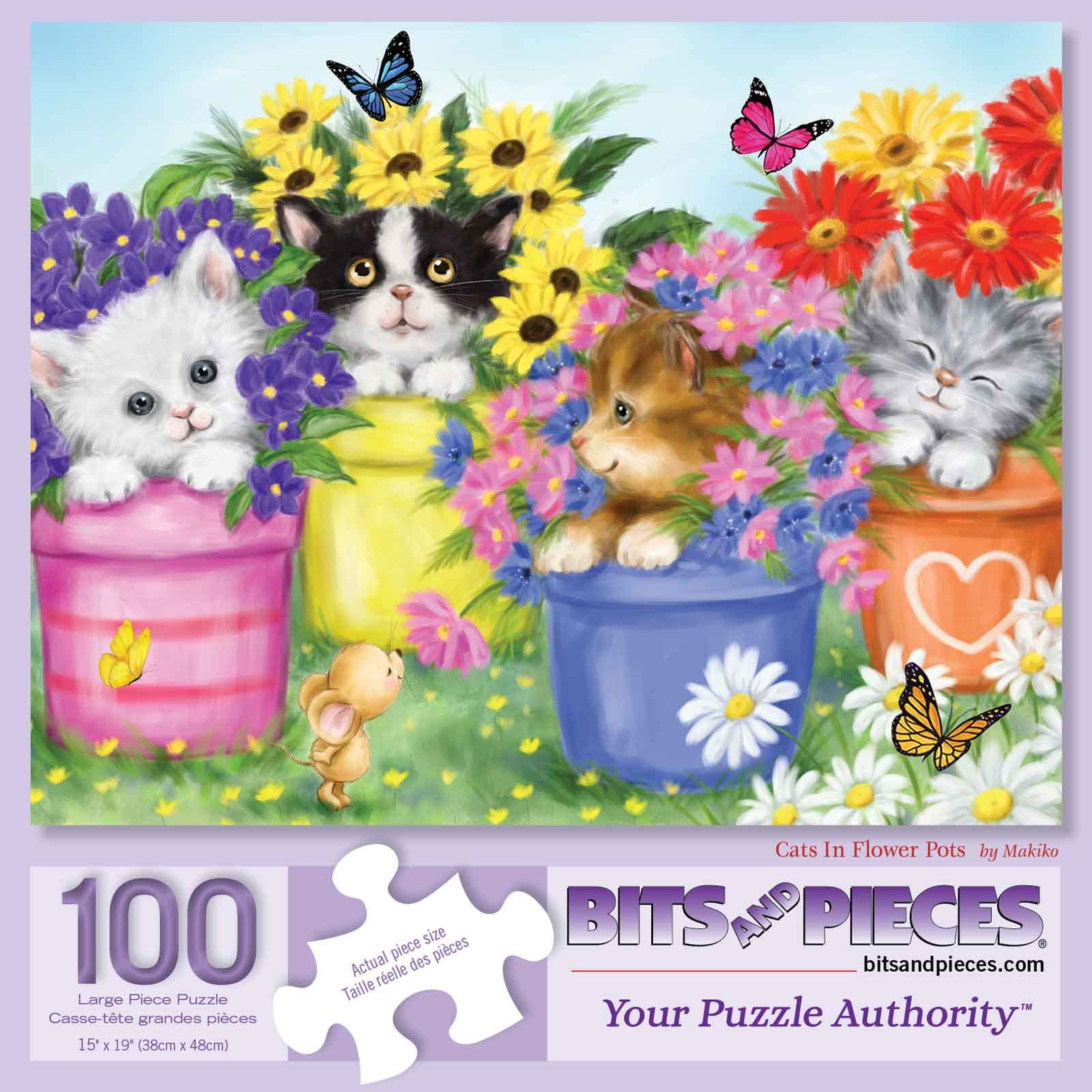 Bits and Pieces - Large 100 Piece Jigsaw Puzzle for Adults - Cats in Flower Pots - Kitten Colorful Bloom Butterfly Sweet Cute Garden Jigsaw Puzzle by