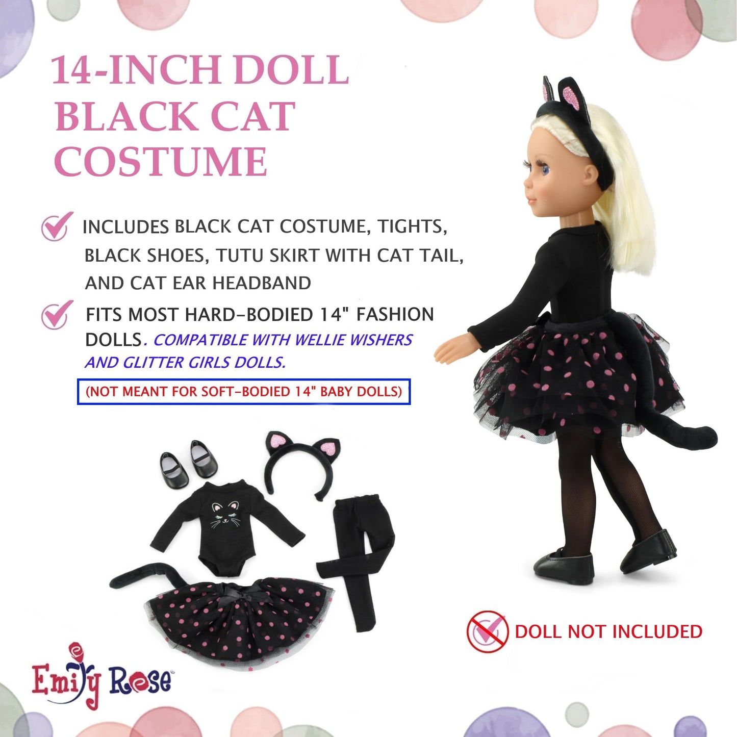 Emily Rose 14" Doll Black Cat Costume 5-Piece Set - Leotard, Tutu, Cat Ears, Tights & Shoes | Compatible with Wellie Wishers Glitter Girls 14" Dolls