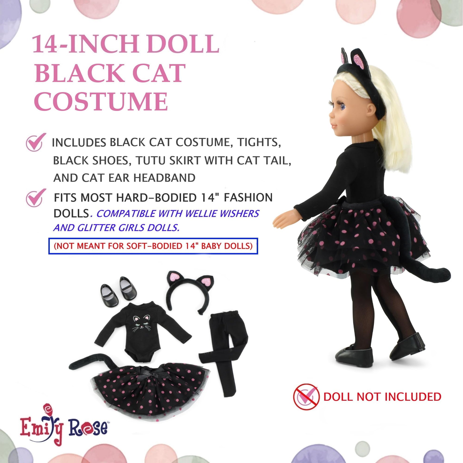 Emily Rose 14" Doll Black Cat Costume 5-Piece Set - Leotard, Tutu, Cat Ears, Tights & Shoes | Compatible with Wellie Wishers Glitter Girls 14" Dolls