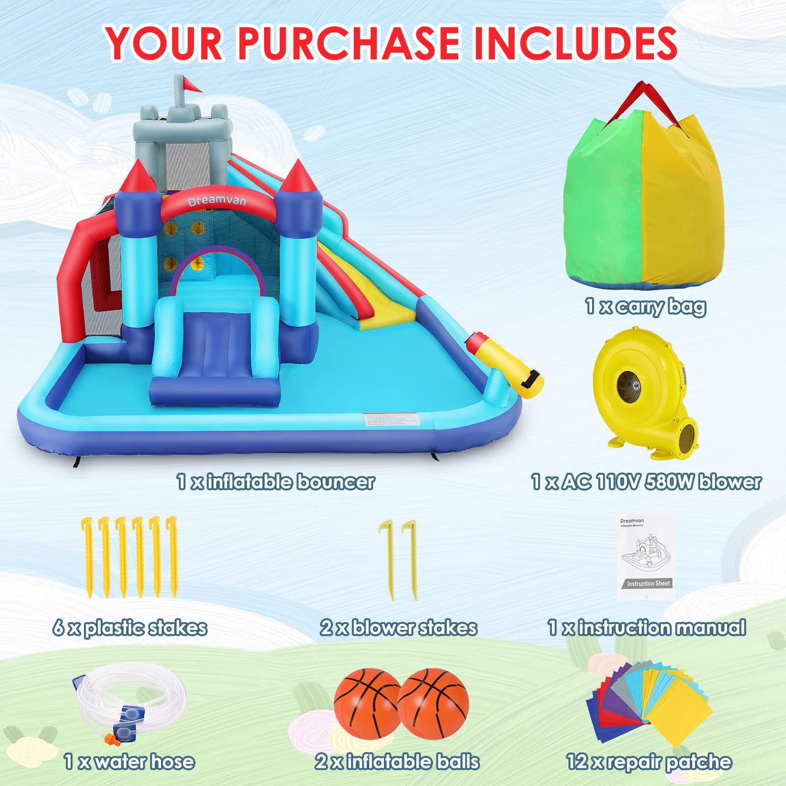 WHUBEFY Bounce House,Inflatable Water Slides for Kids with Blower,Water Bounce House Water Park for Kids Backyard,Waterslide Splash Pool,Water