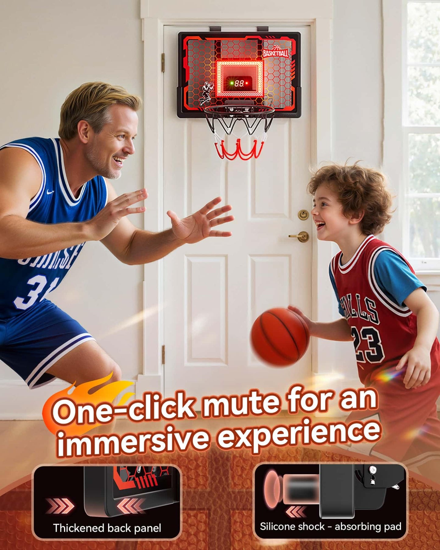 Indoor Basketball Hoop Pro for Kids, Over The Door Basketball Hoop with LED Light/Scoreboard/4 Balls- Upgraded Anti-Impact Backboard, Basketball Toys