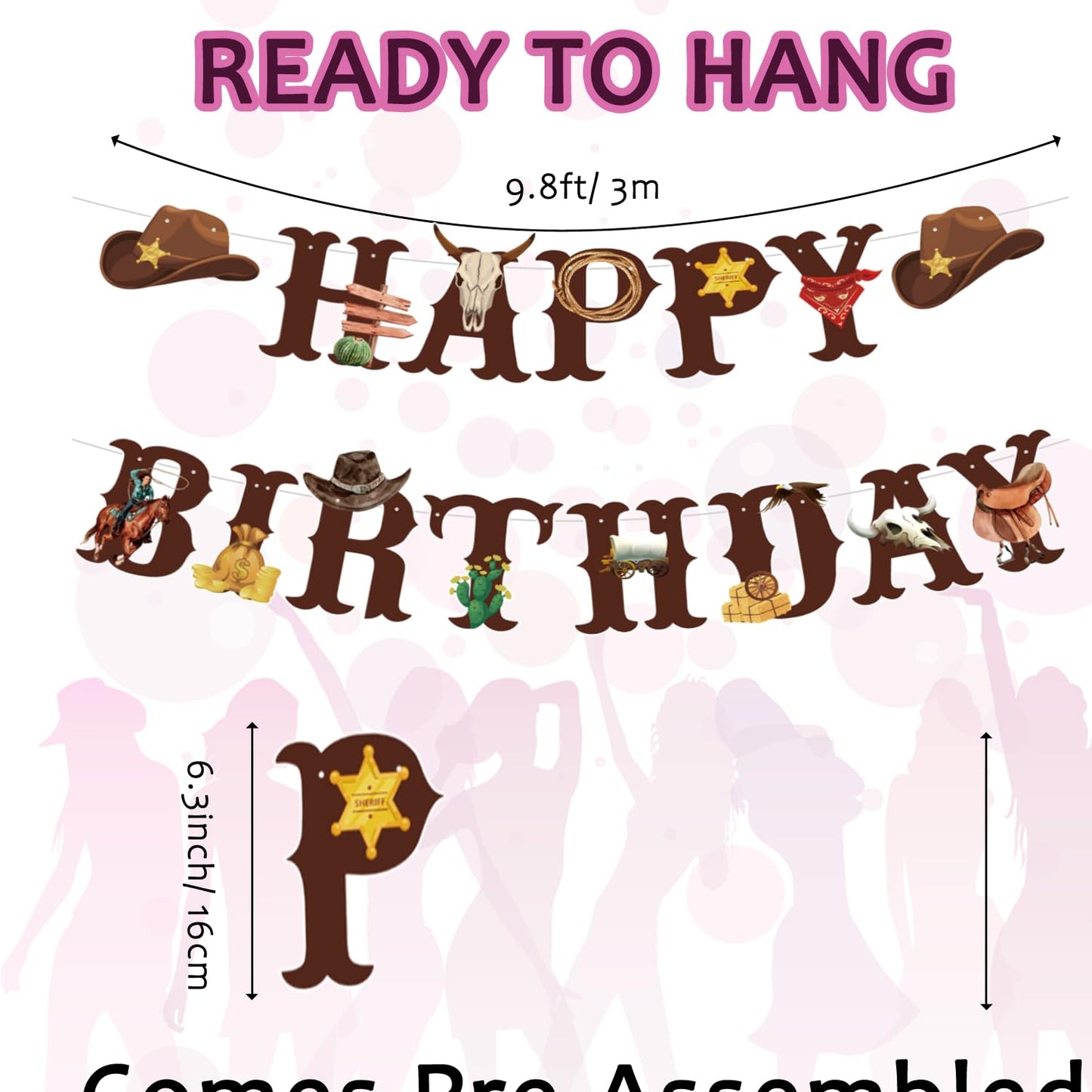 Western Cowboy Theme Wild West Party Decoration,Pre-Strung Happy Birthday Banner,Retro Horse Rodeo Party Supplies for Boys,Cowboy Hat Horses Garland