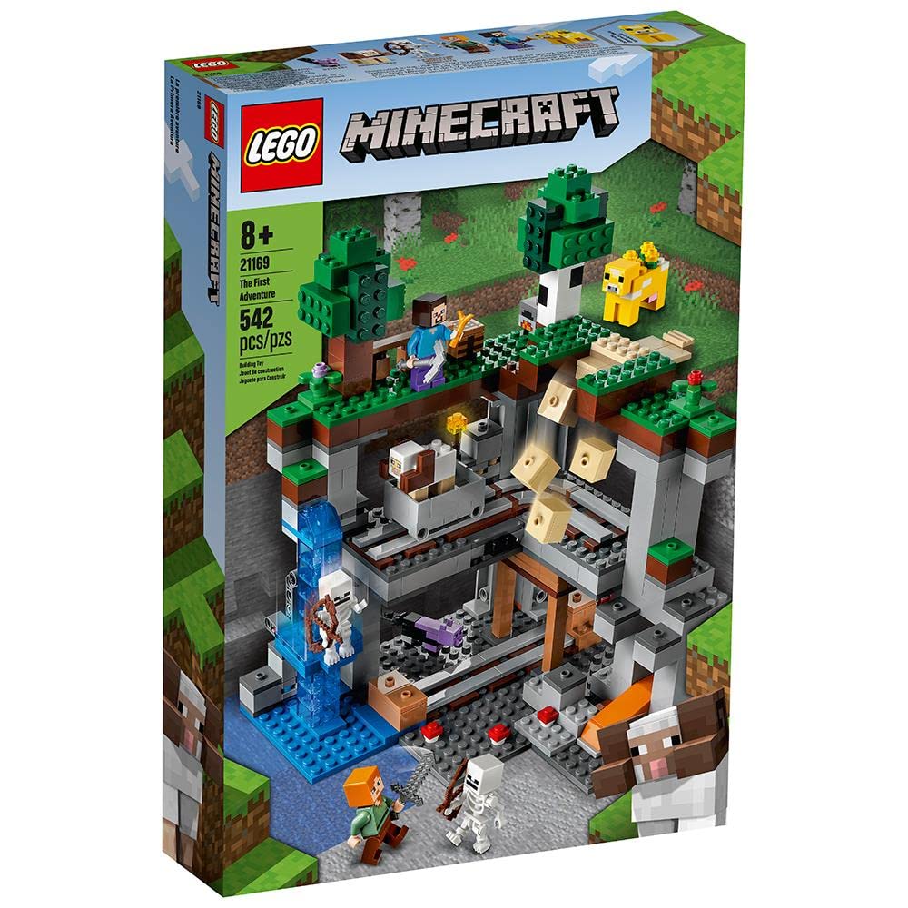 LEGO Minecraft The First Adventure 21169 Hands-On Minecraft Playset; Fun Toy Featuring Steve, Alex, a Skeleton, Dyed Cat, Moobloom and Horned Sheep,