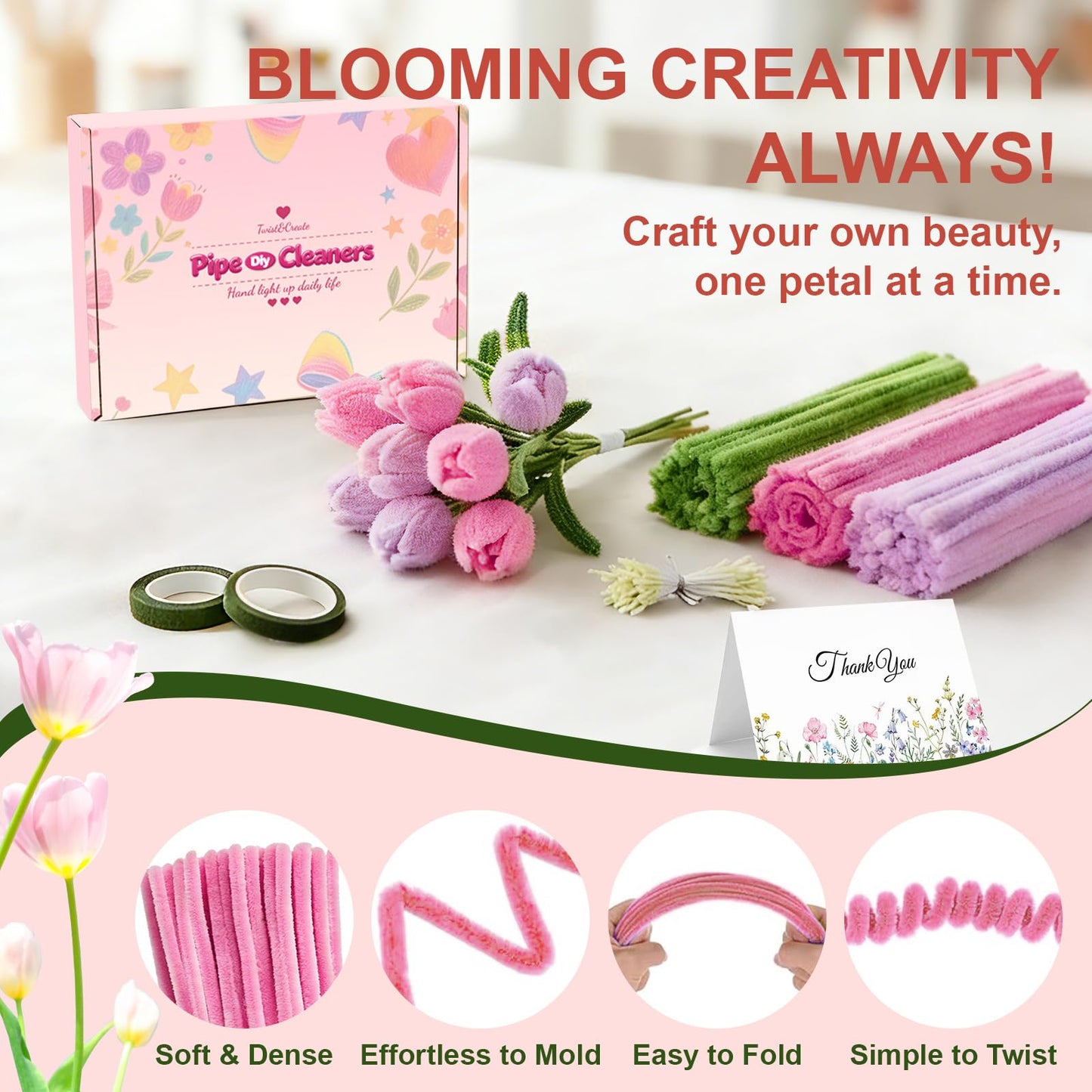 650PCS Pipe Cleaners Bulk, 7 Colors Pastel Pink Chenille Stems DIY Flower Kit with Floral Wires, Tape, Stamens, Wrapping Paper for Handmade Bouquet