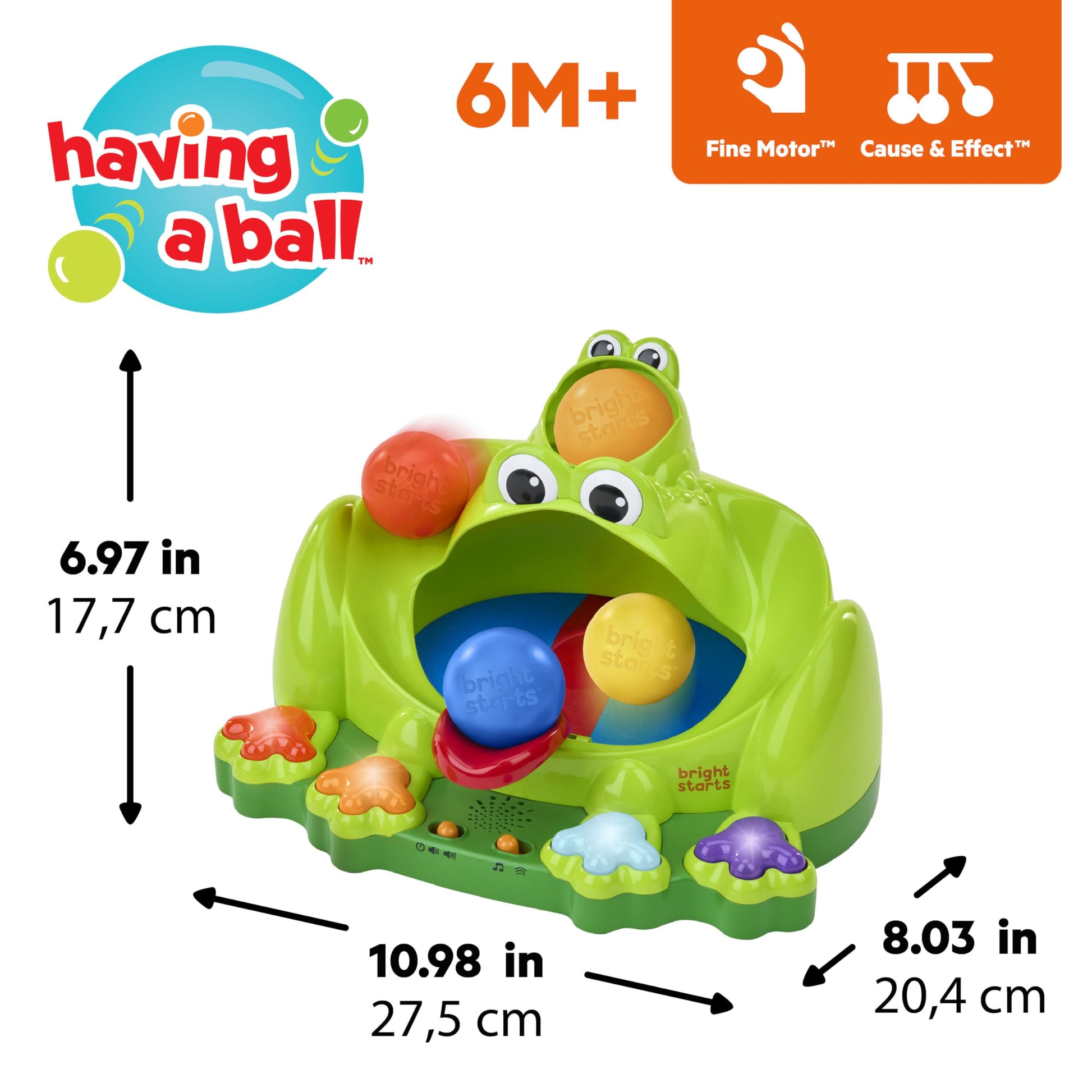 Bright Starts Poppin' Ball Frog Ball Play Toy, Launching, Bouncing & Ramp Racer Toy, Crawl and Chase, Unisex, 6 Months+
