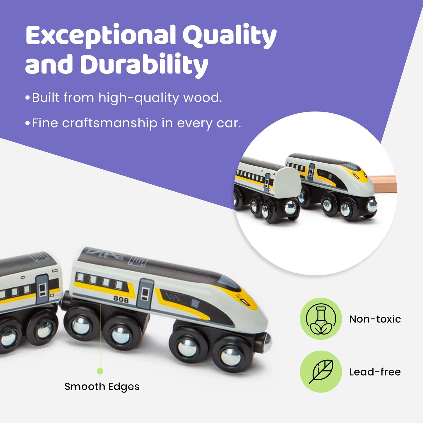 Maxim Enterprise, inc. Wooden Bullet Train, Wooden Train Set of 2 Modern Engines 1 Sleek Passenger Car with Magnetic Connectors, Compatible
