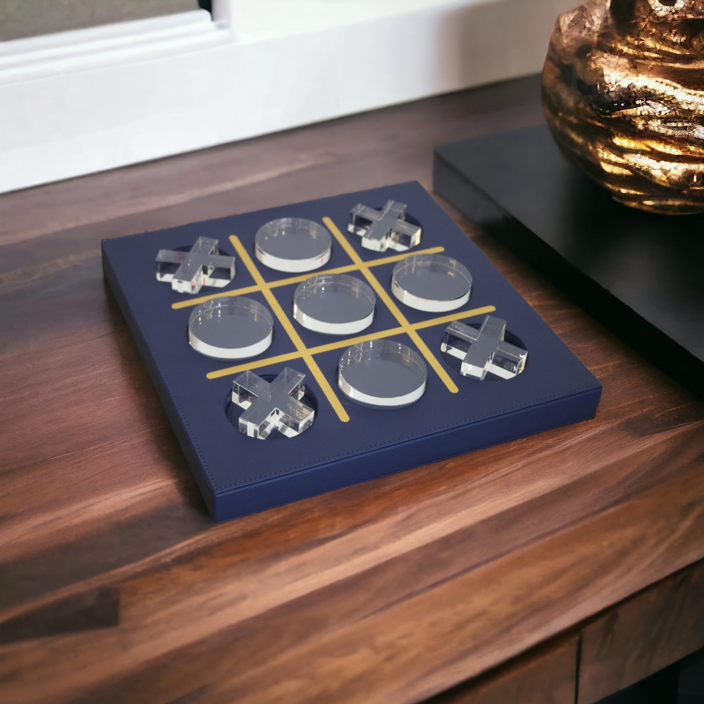 Modern Tic Tac Toe for Home Decoration with Blue Leather and Acrylic Pieces Decorative Table Top Housewarming Gift