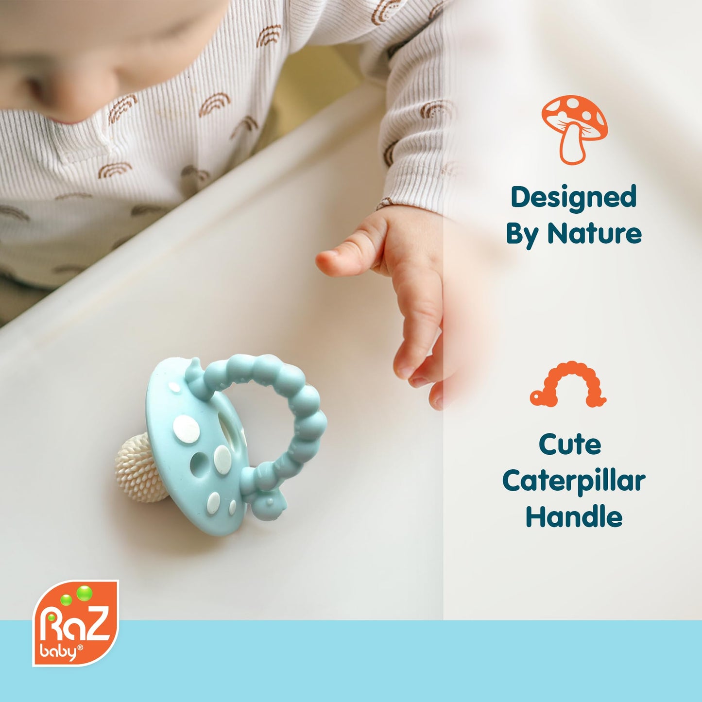 RaZbaby Soft Silicone Infant & Baby 3M+ Teether Toy Massaging Bristles Teething Relief Pacifier - Soothes Sore Gums - Hands-Free & Easy-to-Hold Chompy