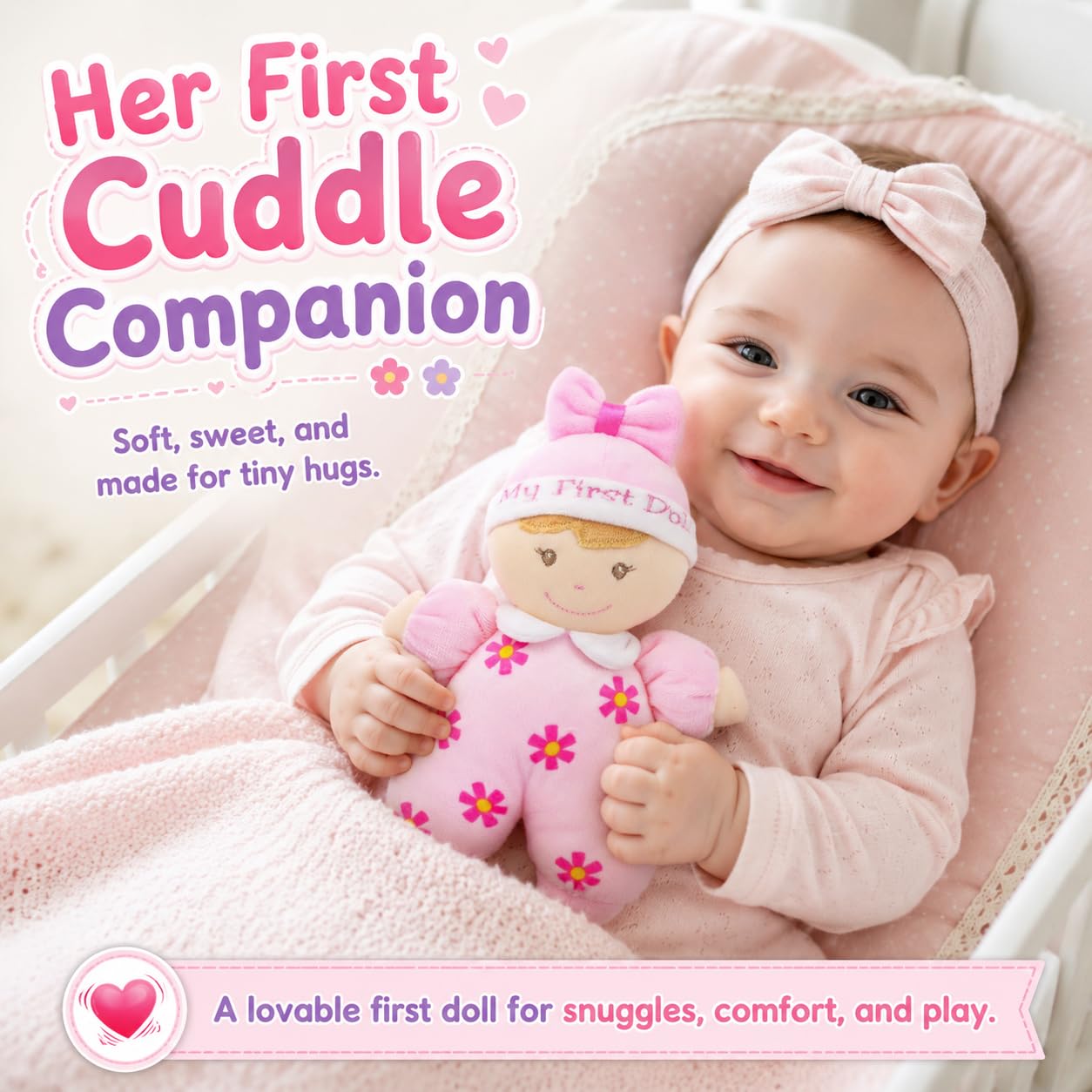 June Garden 9" My First Doll Sienna - Soft Plush Baby Doll with Rattle - Pink Outfit