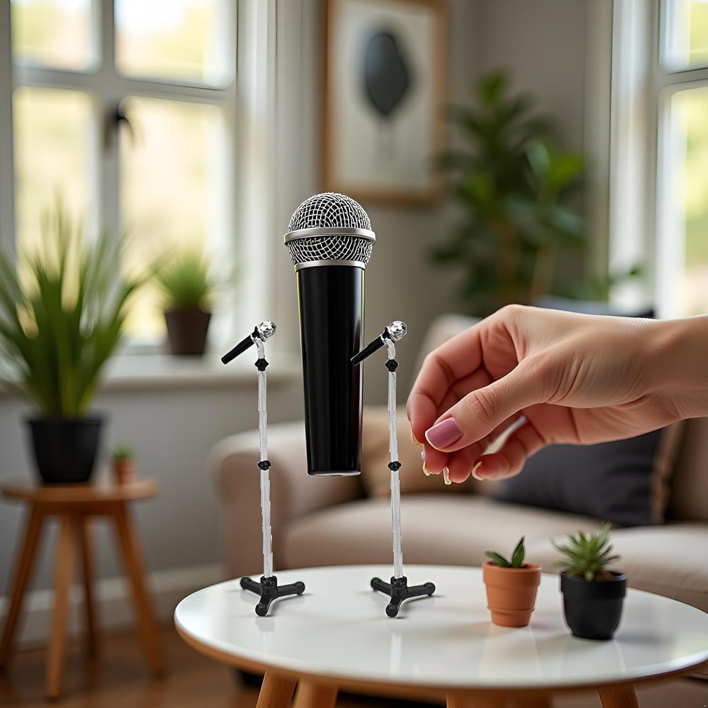 2Pcs 1/12 Dollhouse Miniature Accessories,Metal Microphone with Stand,Music Room Recording Room Studio Decoration