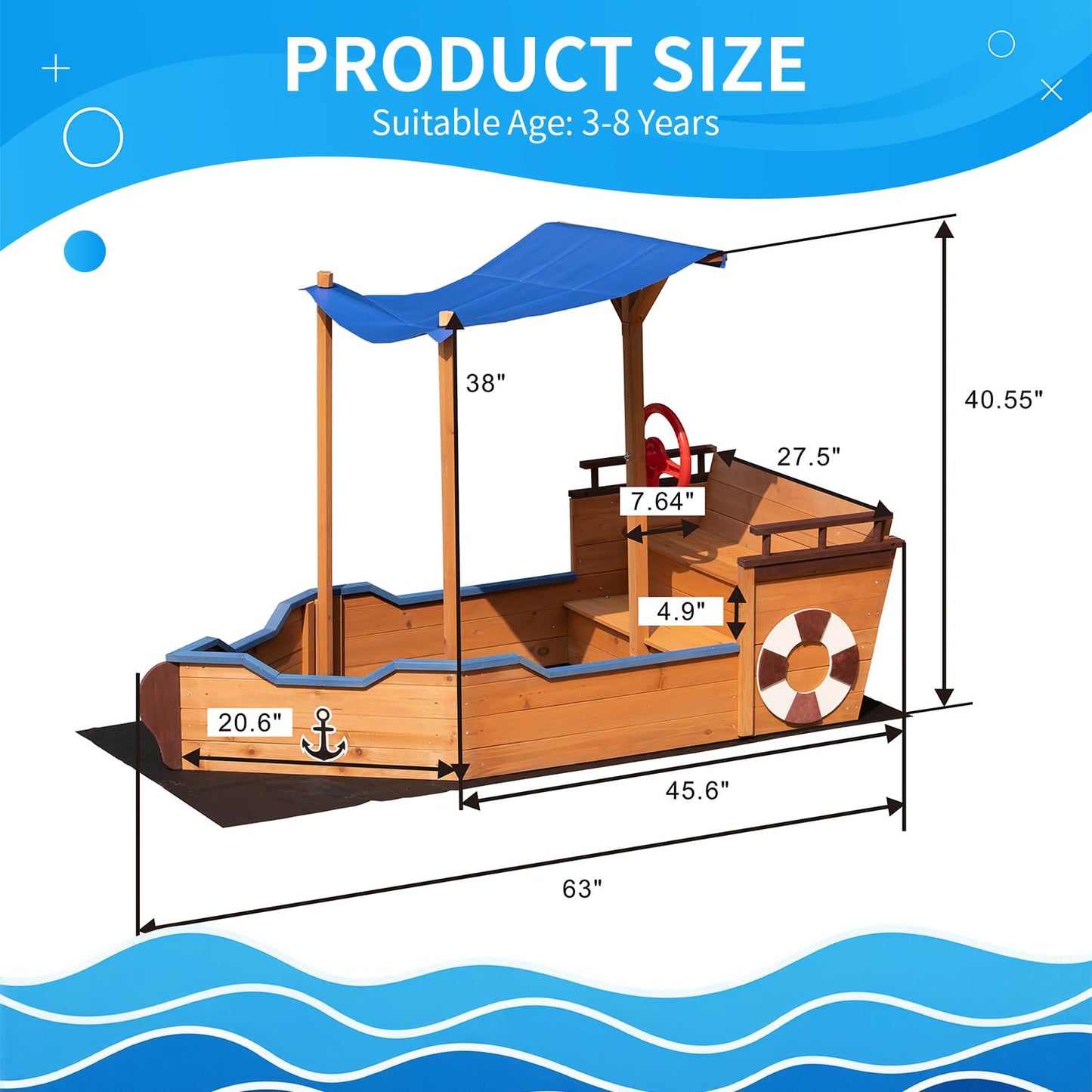 GFDGFD 63" Large Wooden Pirate Ship Sandbox with Cover, Waterproof Canopy & Storage Bench, Sturdy Sand Pit with Rudder & Steps for Children Ages 3-8