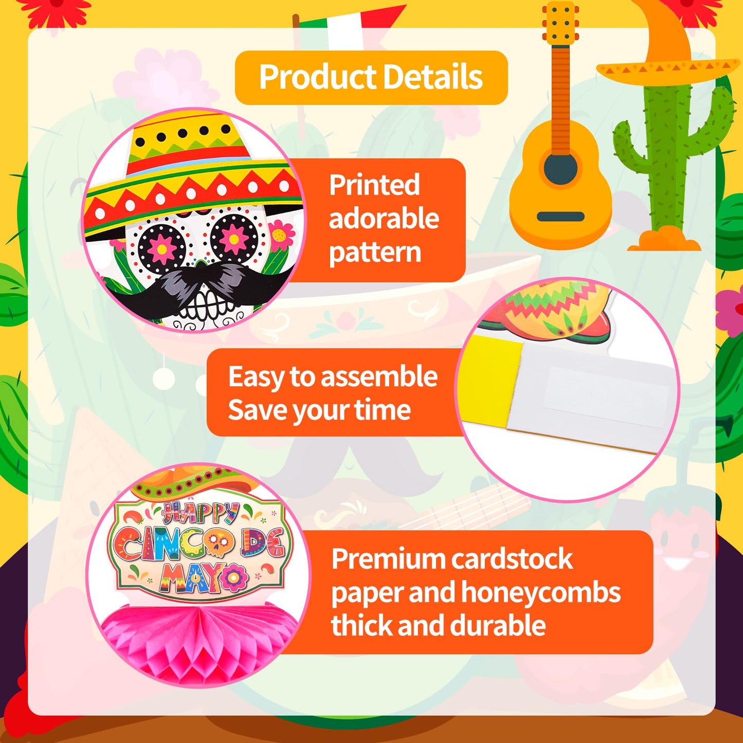 9 Pieces Cinco de Mayo Festival Honeycomb Centerpieces Table Decor, Mexican Fiesta Vibrant Cactus, Piñata, Taco and Sombrero Pattern Table Topper