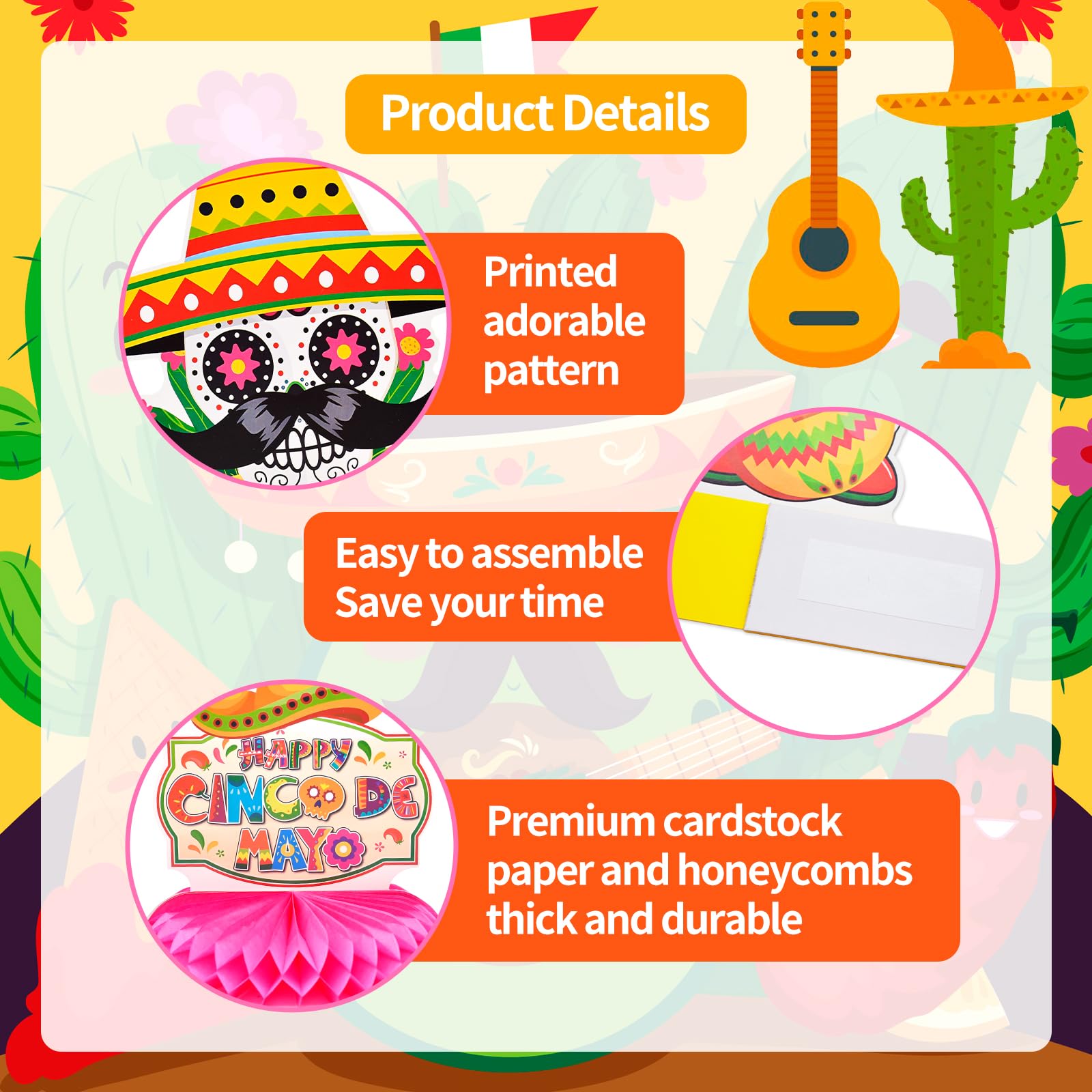 9 Pieces Cinco de Mayo Festival Honeycomb Centerpieces Table Decor, Mexican Fiesta Vibrant Cactus, Piñata, Taco and Sombrero Pattern Table Topper