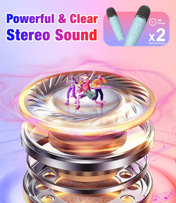 Mini Karaoke Machine, Portable Bluetooth Speaker with 2 Wireless Microphones for Kids & Adults, Karaoke Microphone with LED Lights, Gifts for Girls &