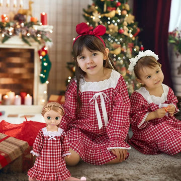 Girl and Doll Matching Nightgown, 16"-18" Dolls Clothes, Red Plaid Vintage Dress for Doll