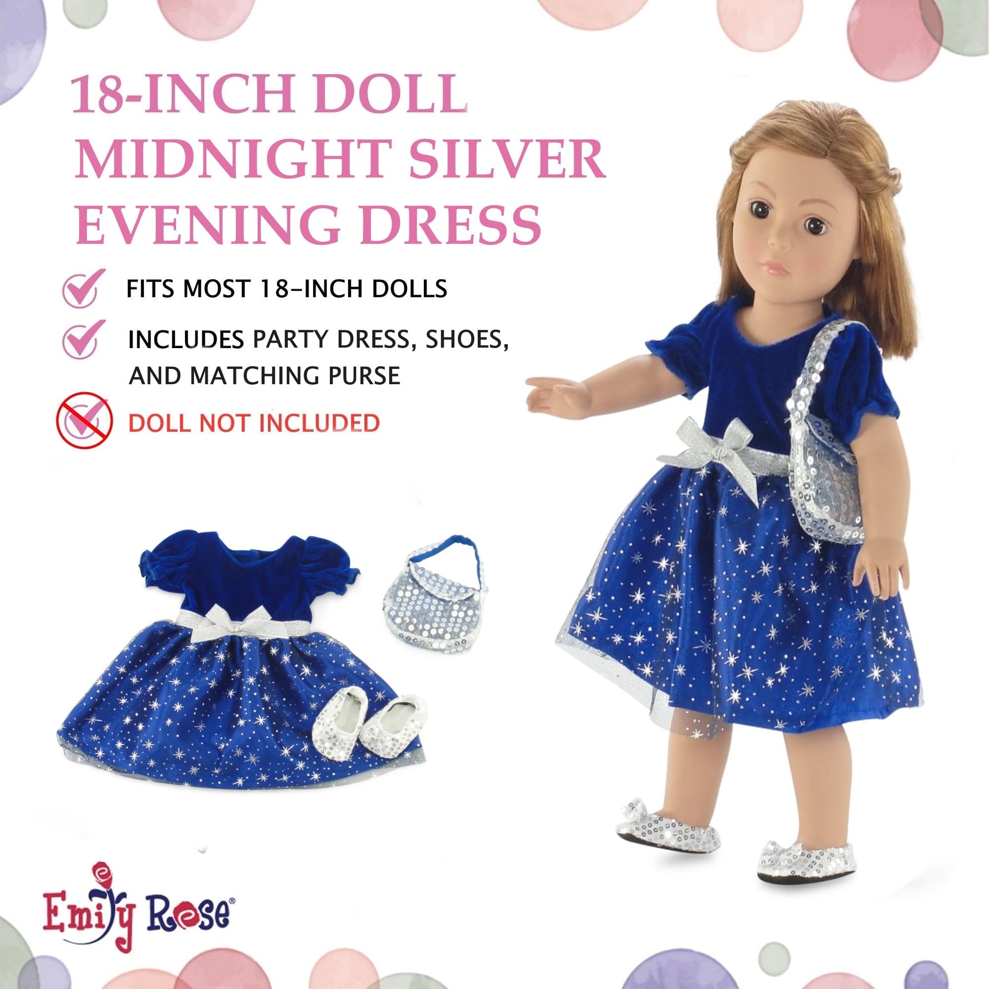 Emily Rose 18" Doll Holiday Dress Set - Midnight Star Sparkly Blue Party Dress with Silver Sequin Shoes & Purse - Premium Gift Boxed Outfit Compatible