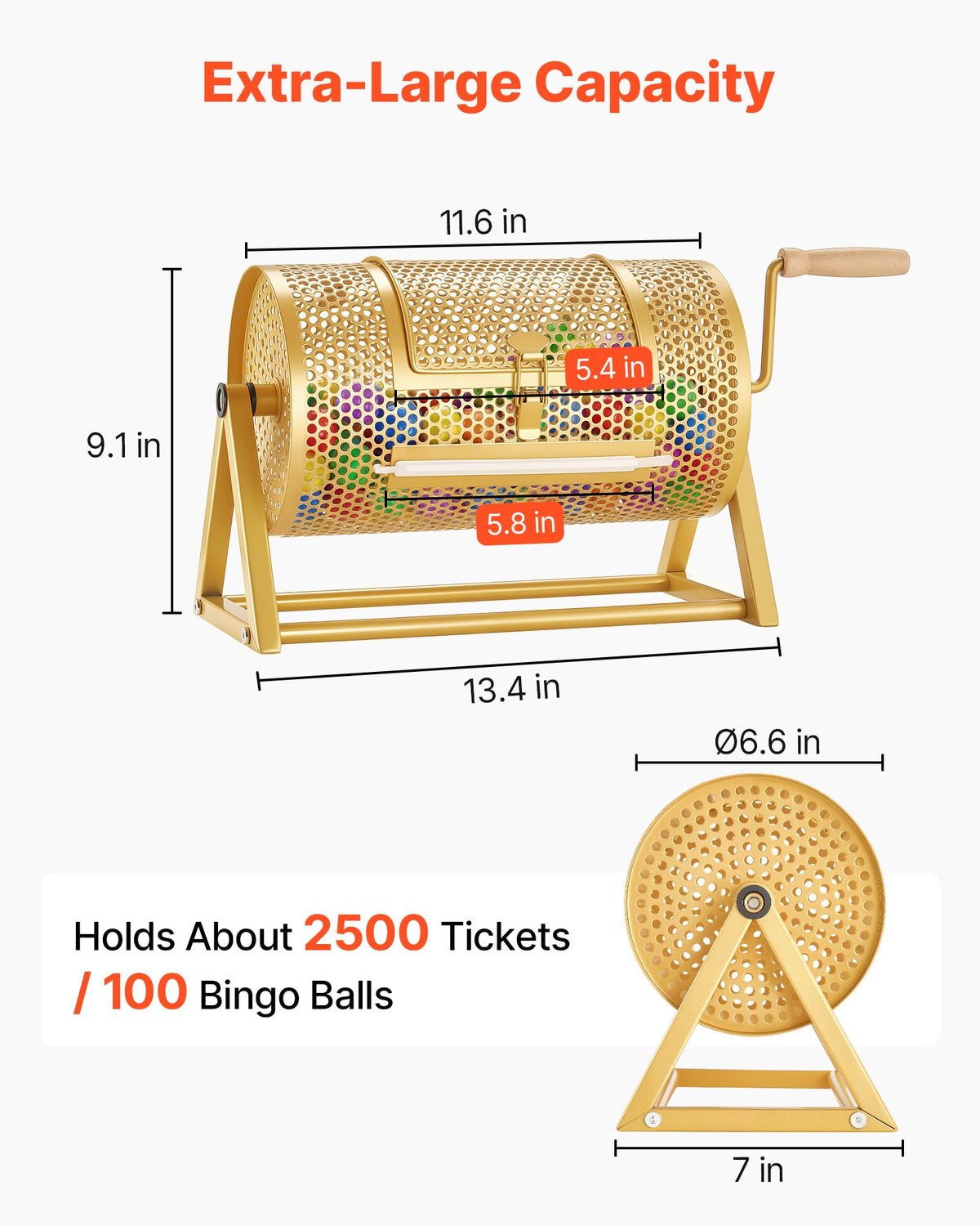 VEVOR Raffle Ticket Spinner, 11.6" x 6.6" Holds 2500 Tickets or 100 Ping Pong Balls, Raffle Drum Lottery Spinning Cage with Reinforced Handle, Stable