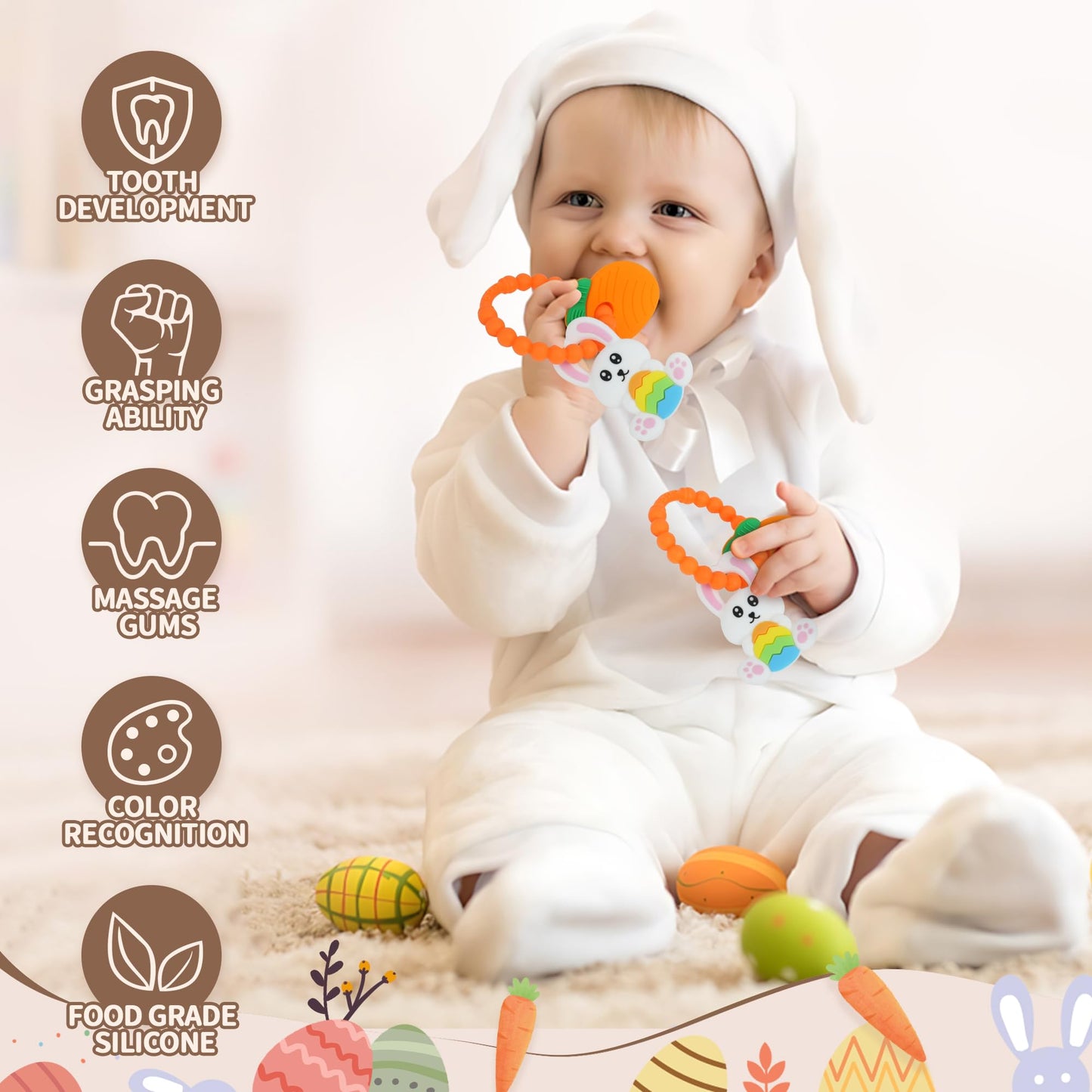Easter Eggs Bunny Teething Toys, Easter Basket Essentials Stuffers, Silicone Easter Egg Baby Carrot Teether Toys, Baby Carrots for Baby's First Easter