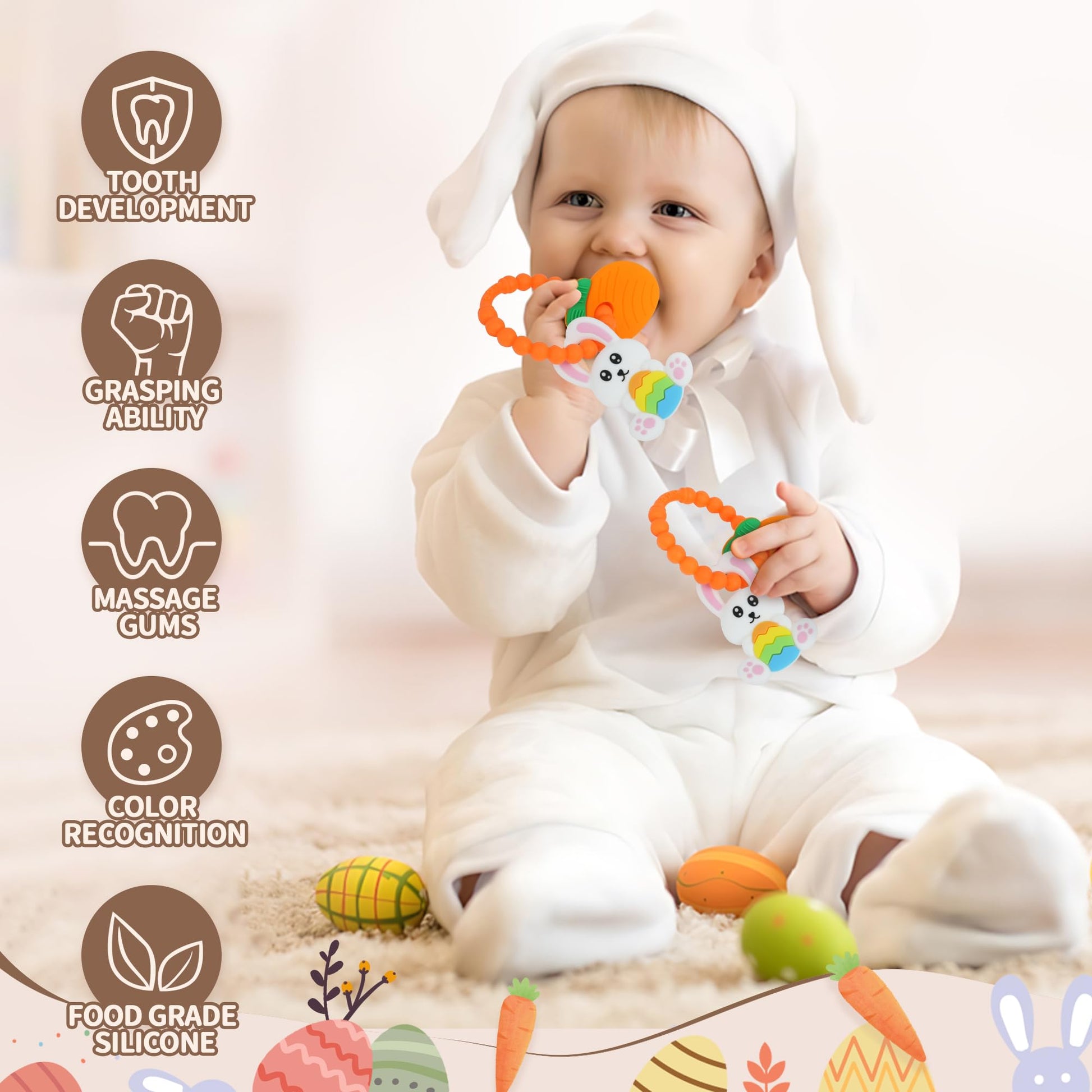Easter Eggs Bunny Teething Toys, Easter Basket Essentials Stuffers, Silicone Easter Egg Baby Carrot Teether Toys, Baby Carrots for Baby's First Easter