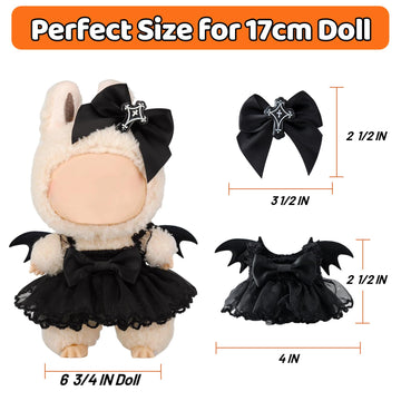 2 Pcs Doll Clothes Compatible with 17cm Lububu Clothes, Black Outfit Accessories Sets Include 1 Dress 1 Bow for Dolls Premium Outfit (No Doll)