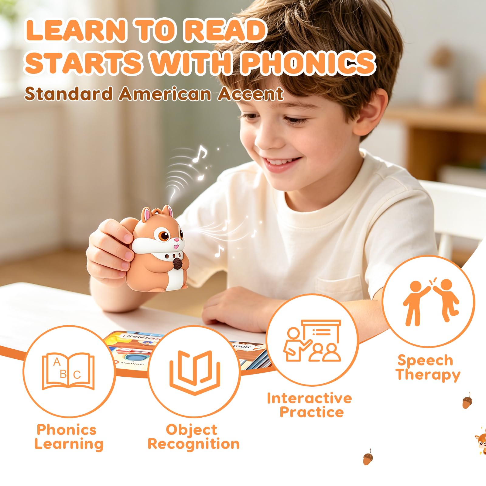 Phonics 55 Double-Sided Flash Cards with Squirrel Talking Pen Set, Over 800 Words Early Educational Learning Toys for Ages 2-6, Interactive Speech