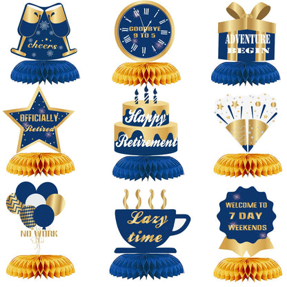 WINPOGEE 9Pcs Happy Retirement Decorations Table Honeycomb Centerpieces Party Supplies Blue Gold Retirement Adventure Awaits Sign for Men Retired