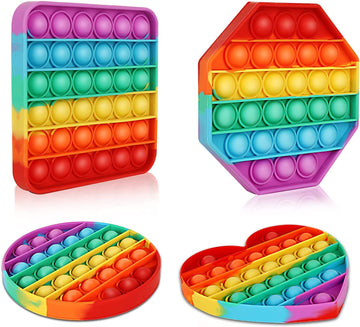 Multipurpose 4 Pack Rainbow Pop it Fidget Toy, Bubble Sensory Toy for Kids and Adults, Stress Reliever, 4 Shapes Poppers-Heart, Circle, Octagon