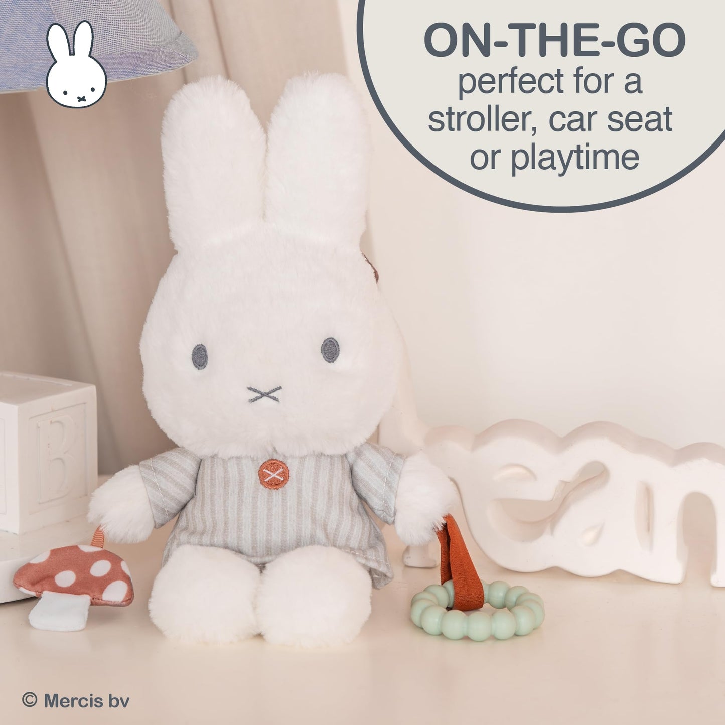 Kids Preferred Miffy Baby Ragdoll Activity Toy - Super Soft Fabric, Teether Ring, Crinkle & Rattle, On-The-Go Clip, Ages 0 Months and up, 10 inches