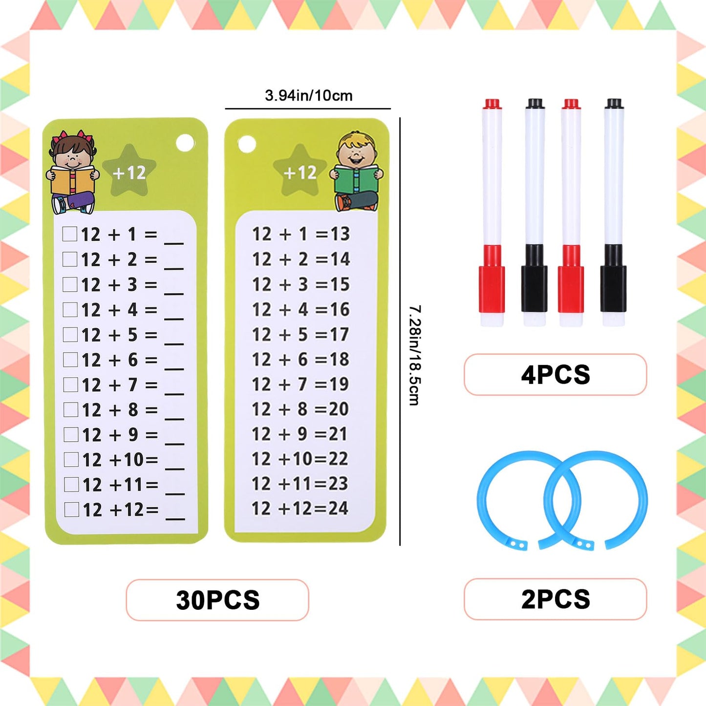 30PCS Reusable Addition and Subtraction Flash Cards with 4 Dry Erase Pens 2 Rings,Math Flash Cards for 1st to 3rd Grades,Math Games for Classroom