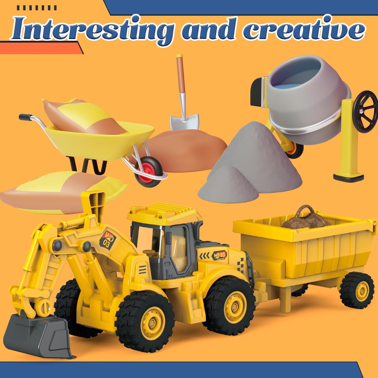 Excavator Toy with Cargo Bin, 1:18 Scale Construction Vehicle for Kids, Inertia-Powered Push-and-Go, Lights & Sounds, Working Digger Arm