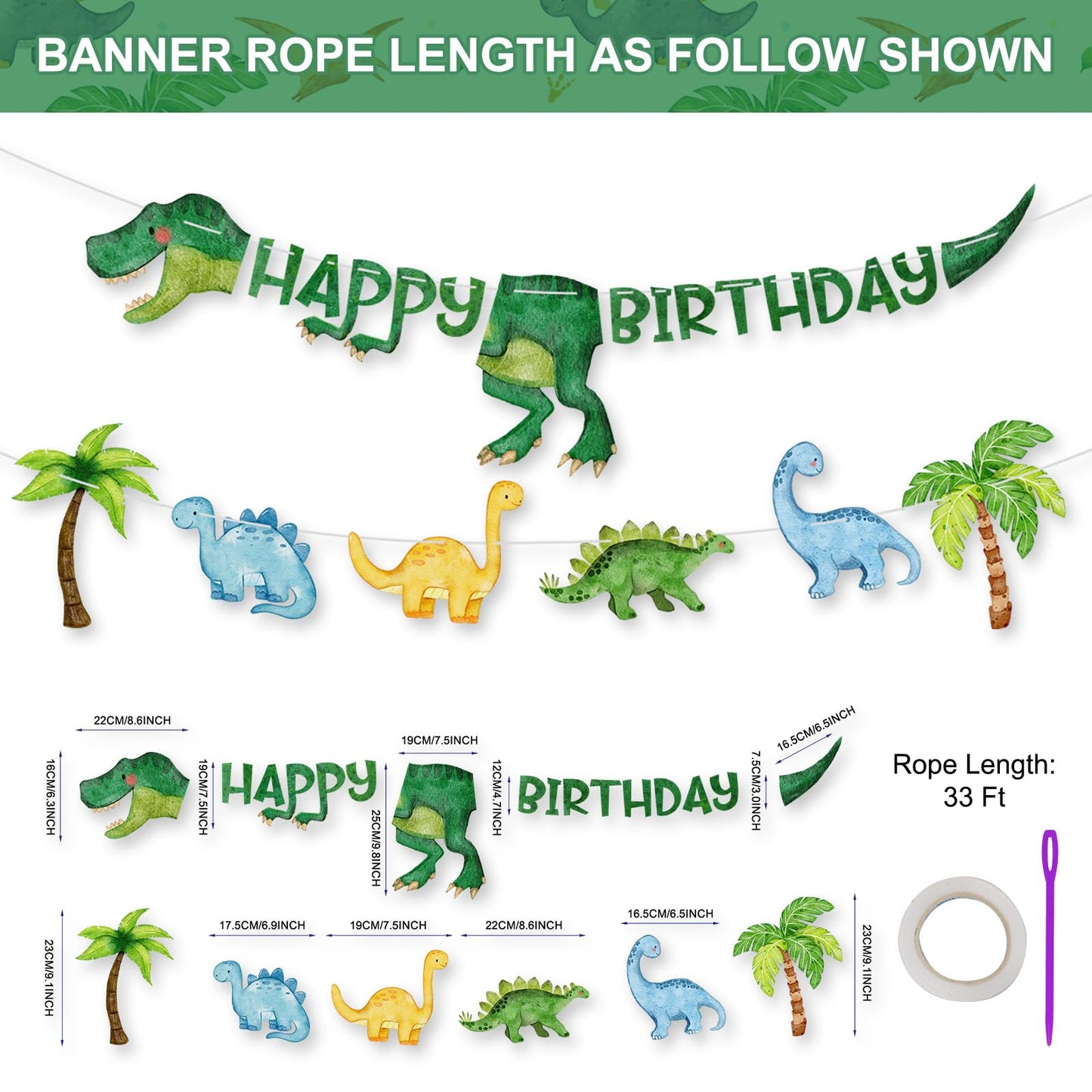 Dinosaur Birthday Decorations Banner - DIY Paper Happy Birthday Banners, Green Animal Dino Bday Sign Garland Backdrop for Dinosaur Themed Indoor