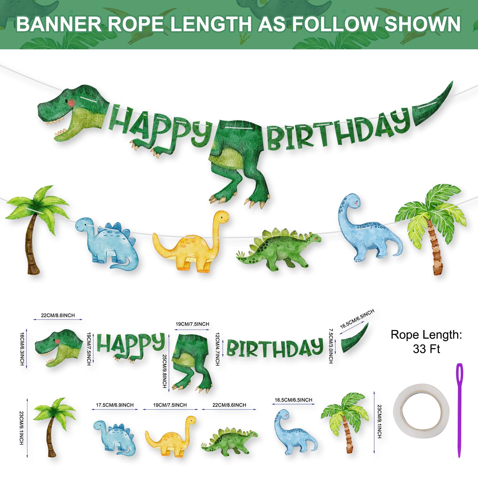 Dinosaur Birthday Decorations Banner - DIY Paper Happy Birthday Banners, Green Animal Dino Bday Sign Garland Backdrop for Dinosaur Themed Indoor