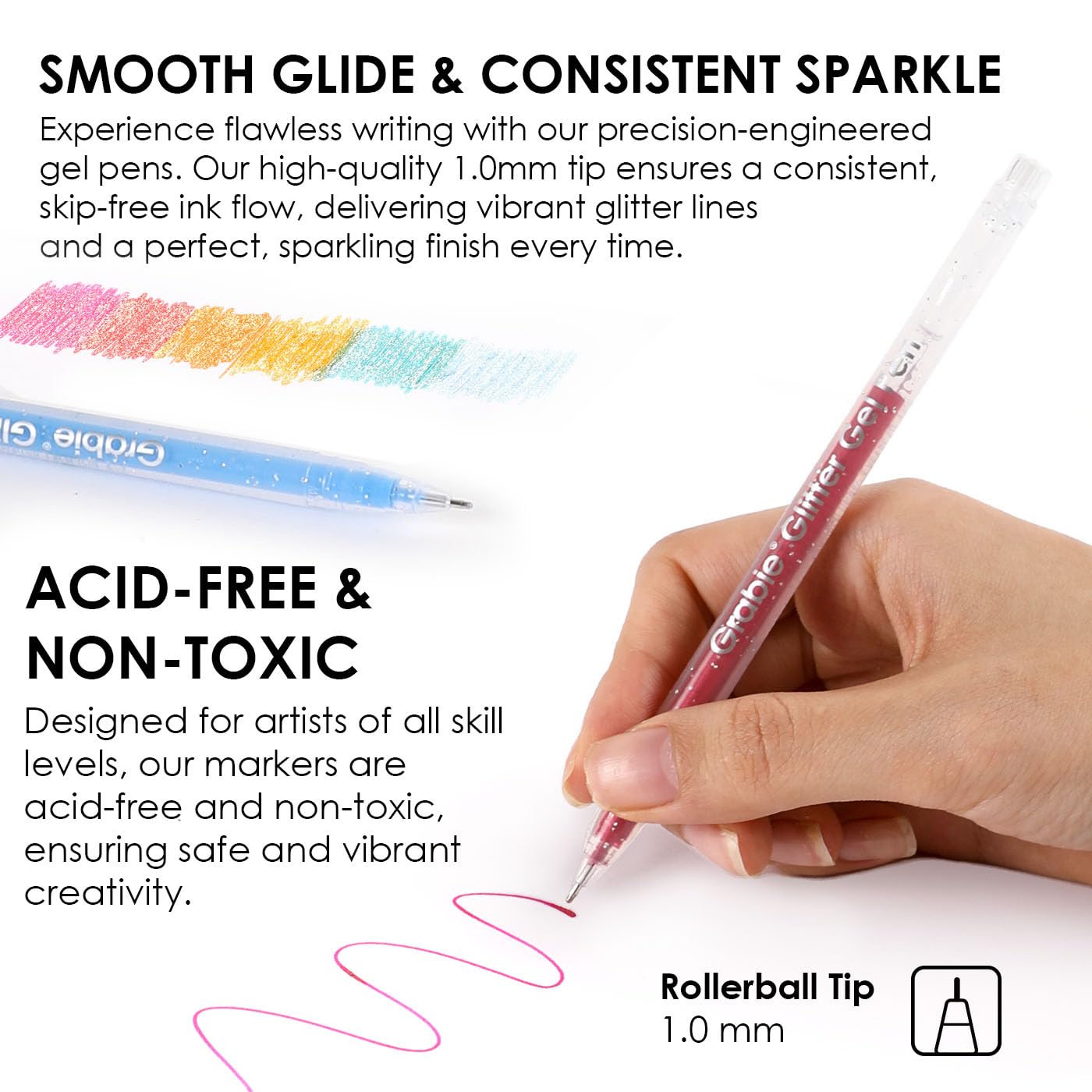 Grabie Set of 42 Glitter Gel Pens Set, Silver Sparkle Ink, 1.0mm Fine Tip Gel Pens for Adult Coloring Books, Journaling, Drawing, Scrapbooking, Smooth