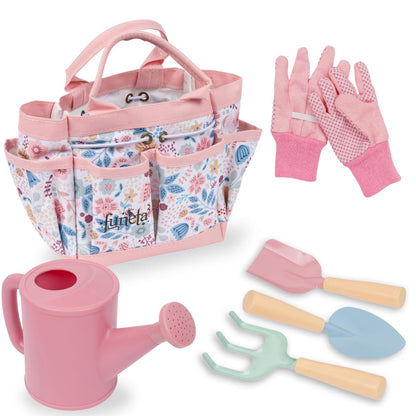 Kids Gardening Set with Watering Can - Toddlers Outdoor Gardening Kit with Planting Gloves, Shovel, Rake, Pink Tote Bag - 6PCS Kids Plant Growing Kit
